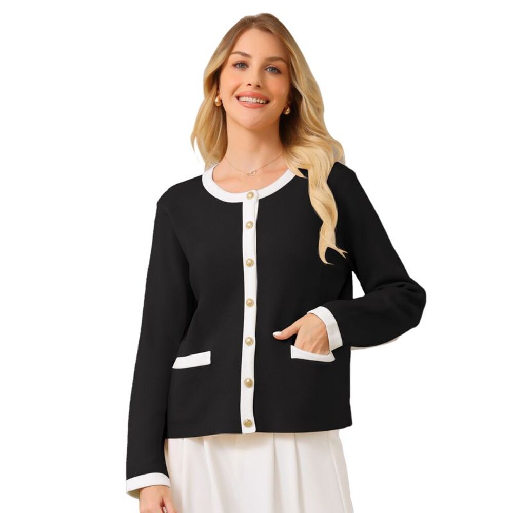 Women Casual Contrast Color Long Sleeve Crewneck Cardigan Sweater Top Black